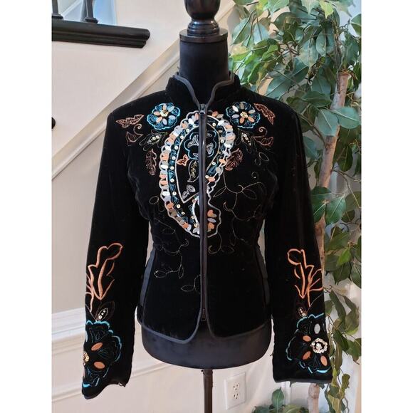 Harve Benard Womens Black Velvet Floral Embroidered Sequin Zip Blazer Jacket 10P - Picture 14 of 14